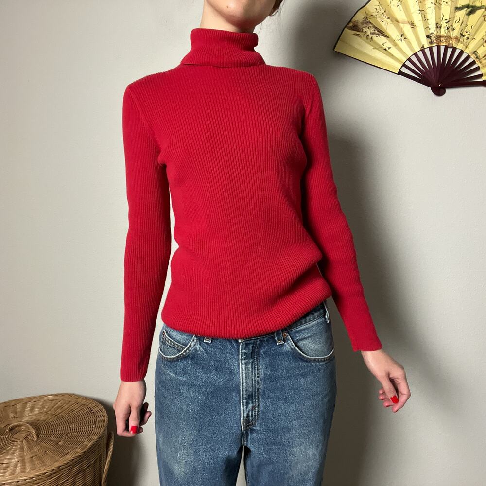 y2k vintage red ribbed cotton knit fitted turtleneck sweater top